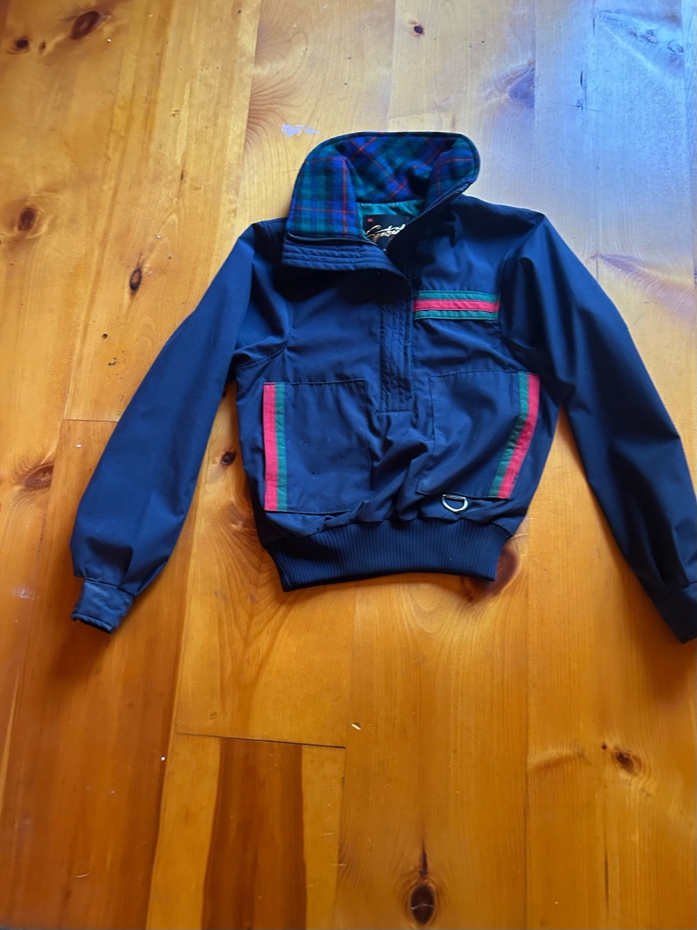 Vintage Sportcaster Navy Pullover Jacket with Wool Plaid Coller